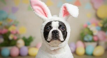 Adorable boston terrier dog dressed as an Easter bunny with festive decorations photo