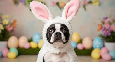 A Boston Terrier dressed as a bunny rabbit celebrates the Easter festivities photo