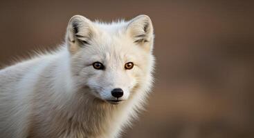 Arctic fox portrait with captivating gaze against a blurred brown backdrop photo