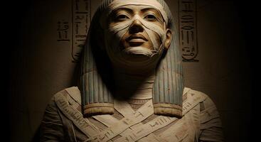 Mummified statue with intricate wrappings and hieroglyphic inscriptions, ancient figure photo