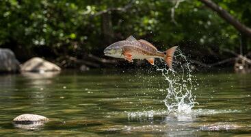 Redfish leaping out of the water, displaying aquatic athleticism and exuberance photo