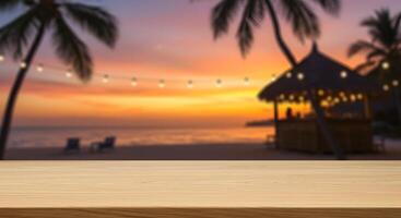Tropical paradise product placement with beach bar and sunset blurred background photo