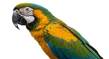 Vibrant plumage of a captivating macaw against a stark white backdrop photo