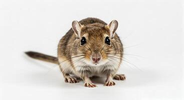 Curious gerbil gazing intently at the camera against a plain backdrop photo