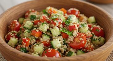A colorful and nutritious quinoa salad with fresh vegetables, perfect for a healthy meal. photo