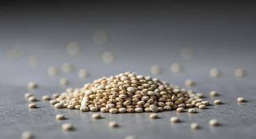 A mound of white quinoa seeds against a soft gray background is the subject of the image. photo