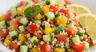 A delicious and healthy quinoa salad with colorful bell peppers, cucumber, and lemon. photo