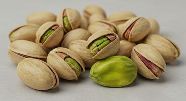 An eye-level shot showcases a collection of fresh pistachios, some open and ready to eat. photo