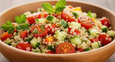 Close up of a colorful and nutritious quinoa salad with fresh vegetables and herbs. photo