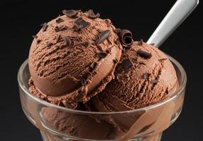 A mouthwatering close up of chocolate ice cream scoops in a clear glass bowl. photo