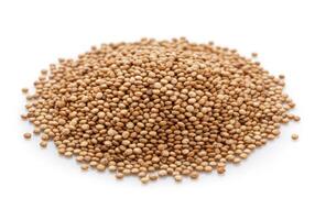 A pile of quinoa grains, a healthy and nutritious food source, sits on a white backdrop. photo