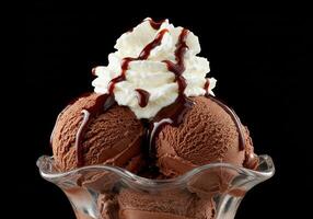 Indulge in a decadent chocolate sundae, generously drizzled with rich chocolate syrup. photo