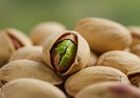 A close-up view of pistachios, with one open showing the vibrant green nut inside. photo