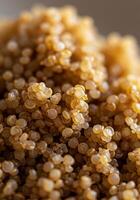 A detailed macro photograph showcases the cooked quinoa grains in a close-up view. photo
