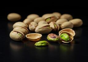 A close up view of pistachios on a black surface, some opened and some closed. photo