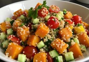 Delicious and nutritious quinoa salad with colorful fresh vegetables in a bowl. photo