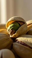 A single open pistachio, revealing the nut inside surrounded by others photo