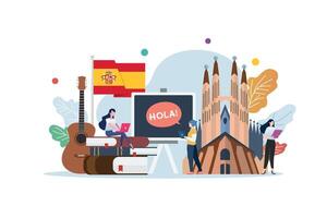 Spanish language class with miniature people vector