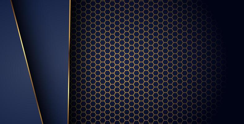 luxurious dark navy gold line overlap background with hexagon mesh pattern combination. elegant modern technology futuristic background. eps10