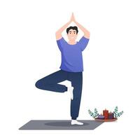 Young man practicing yoga in a serene indoor setting with candles vector
