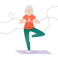 Senior woman practicing yoga in a bright indoor space for wellness vector