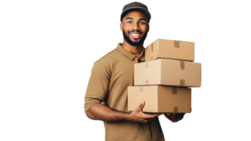 Smiling delivery person holding multiple packages in a warehouse environment png