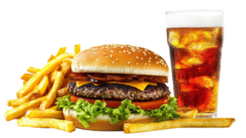 Delicious cheeseburger with crispy fries and cold beverage served on a plate in a casual dining setting png