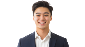 Young man in a suit smiles confidently while posing against a plain background in a professional setting png