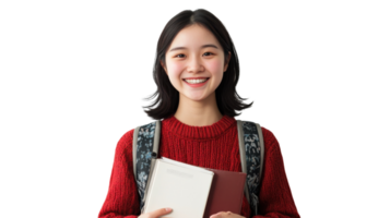 Young student smiling while holding books in a cozy indoor setting during the afternoon png