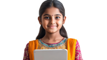 Young girl holds tablet and smiles while dressed in traditional attire showcasing cultural pride and joy in a bright setting png