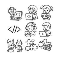 Hand-Drawn Kids Learning Coding Educational Apps Icons Black and White Line Art vector