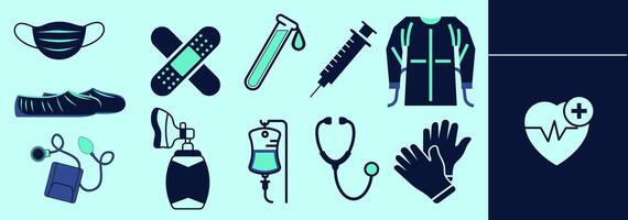 Set of icons for medical equipment with mask, scrubs, stethoscope, gloves, bandaid, blood tests, IV, heart monitor, heart beat, resuscitation bag, syringe. Editable icon elements, size and color. vector