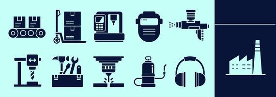 Industrial manufacturing icon set with factory, conveyor belt, boxes, dolly, cutter, drill machine, laser, tool box, painting spray, welding tank and mask. Editable elements, size and color. vector