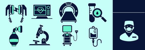 Set of icons for medical surgery with defibrillator, MRI machine, ultrasound machine, oxygen, microscope, blood tests, IV, heart monitor, doctor silhouette. Editable icon elements, size and color. vector