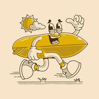 Happy Surfboard Character Running Under The Sunlight vector