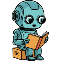 Teal Robot Holding and Reading a Tan Book png