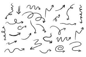 Arrow crayon chalk hand drawn doodle grunge line set. Cursor scribble wavy swirl, comic simple element. Spiral textured direction pointer. vector