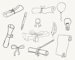 Graduation paper roll, diploma certificate doodle line. University document of graduate and degree hand drawn outline. Graduation hats sketch vector