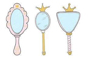 Princess mirror with crown whimsical hand drawn sketch birder, design element. Little queen, retro vintage. vector