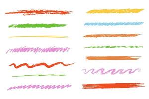 Crayon underline stroke brush mark, grunge textured hand drawn sketch border, divider. Pastel colored scribble highlight charcoal rough. vector
