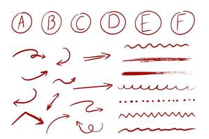 Red arrow mark hand drawn sketchy paintbrush, swirl arrows set, doodle highlight mark or check. Grunge stroke. Important sign. vector