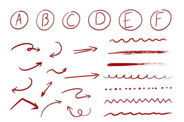 Red arrow mark hand drawn sketchy paintbrush, swirl arrows set, doodle highlight mark or check. Grunge stroke. Important sign.