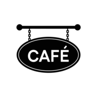 A black sign displays the word CAFE in bold letters, suspended by chains from a horizontal bar cutouts png