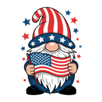 A whimsical gnome is dressed in a hat adorned with the American flag's stars and stripes while holding a smaller flag version. cutouts png
