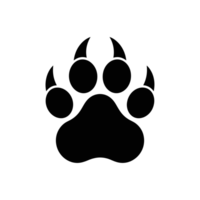 A bold black paw print with four distinct toes and a central pad cutouts png