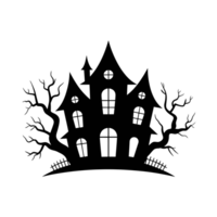 A silhouette of a spooky house with pointed roofs and numerous windows is flanked by two barren, twisted trees cutouts png