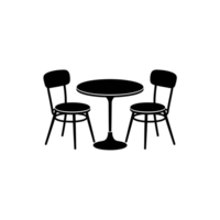 A minimalist black silhouette depicts a round table flanked by two chairs, suggesting a simple dining setup cutouts png