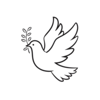 A simple line drawing depicts a dove gracefully flying while holding an olive branch in its beak. cutouts png