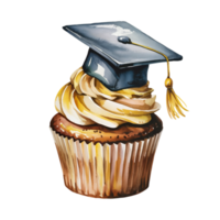 A cupcake is adorned with swirls of creamy frosting and topped with a graduation cap, cutouts png