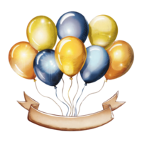 A cluster of colorful balloons floats above a decorative ribbon banner. cutouts png
